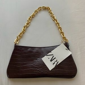 Zara brown gold chain croc embossed shoulder bag